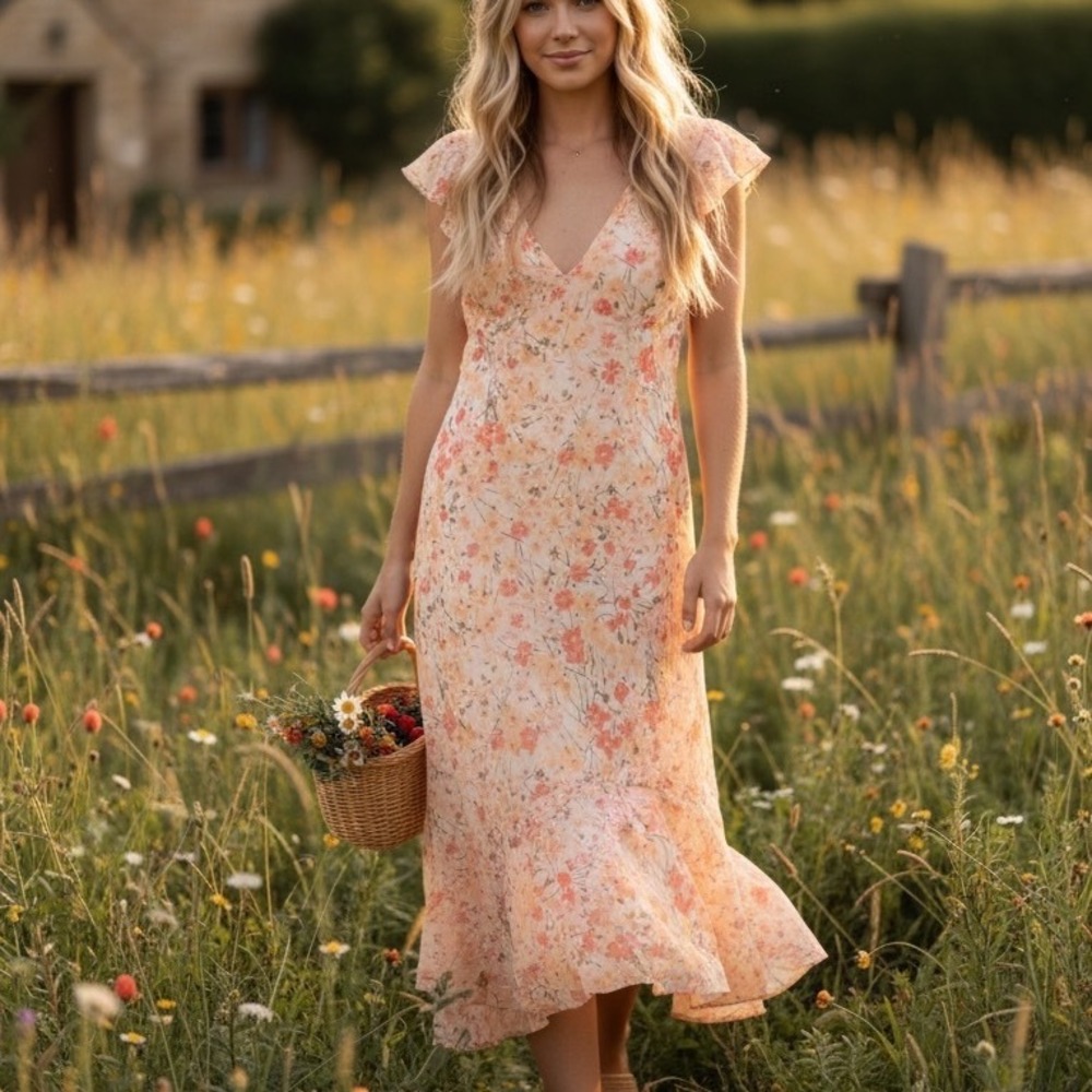 DressBarn by Design Floral Midi Dress Size 8 V-Neck Ruffle Hem